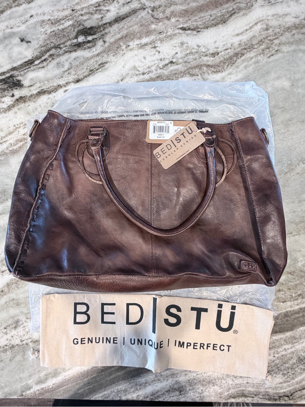 Bed Stu Rockaway Stitch-Detail Distressed
Satchel Bag color-Teak Rustic
